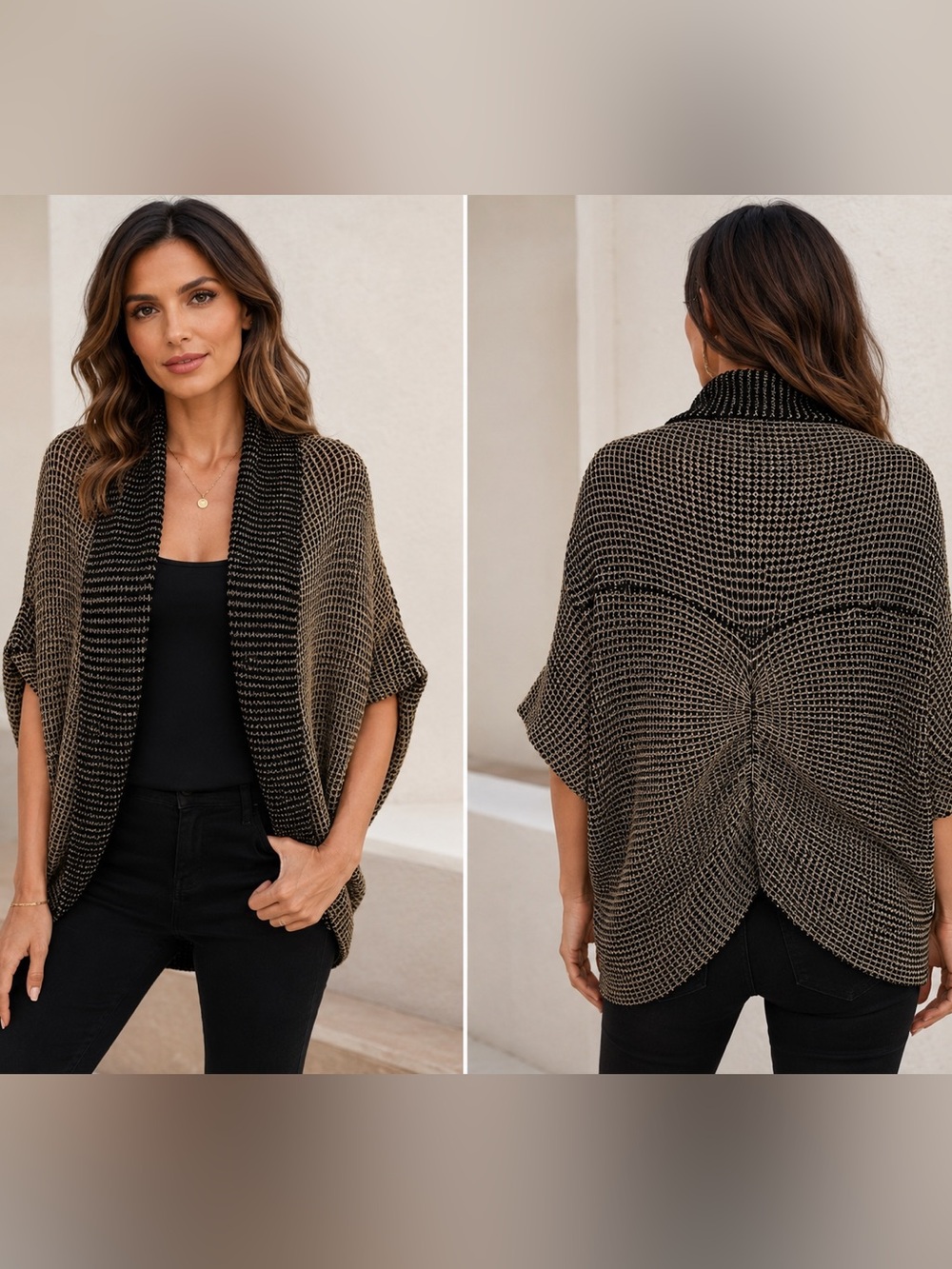 Calvin Klein Black & Gold Open Front Knit Cardigan Sweater | Size M | Cocoon Shr